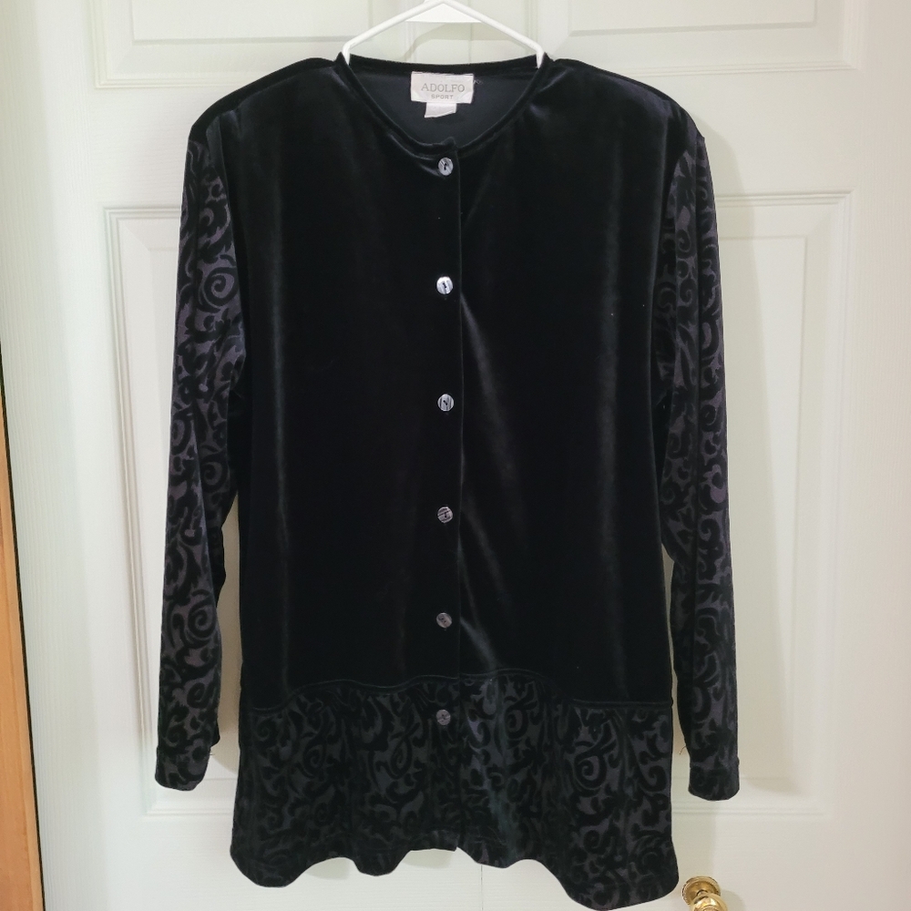 Adolfo Sport black velvety button Top size L
